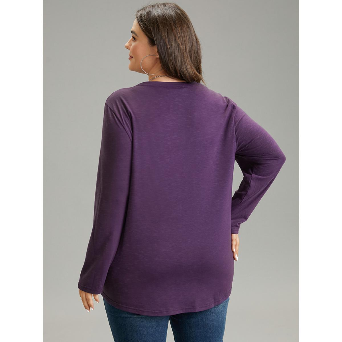 Plus Size Solid Pleated Round Neck T-shirt Purple Women Casual Plain Plain Round Neck Dailywear T-shirts BloomChic 18-20/2X Product Image