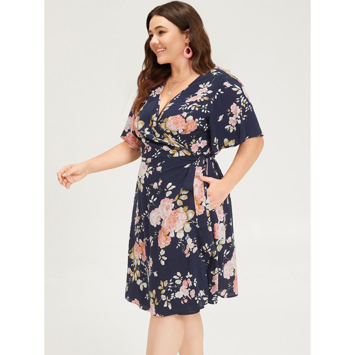 Plus Size Floral Print Pocket Knot Ruffle Sleeve Wrap Dress DarkBlue Women Elegant Wrap V-neck Half Sleeve Curvy Knee Dress BloomChic 14-16/1X Product Image