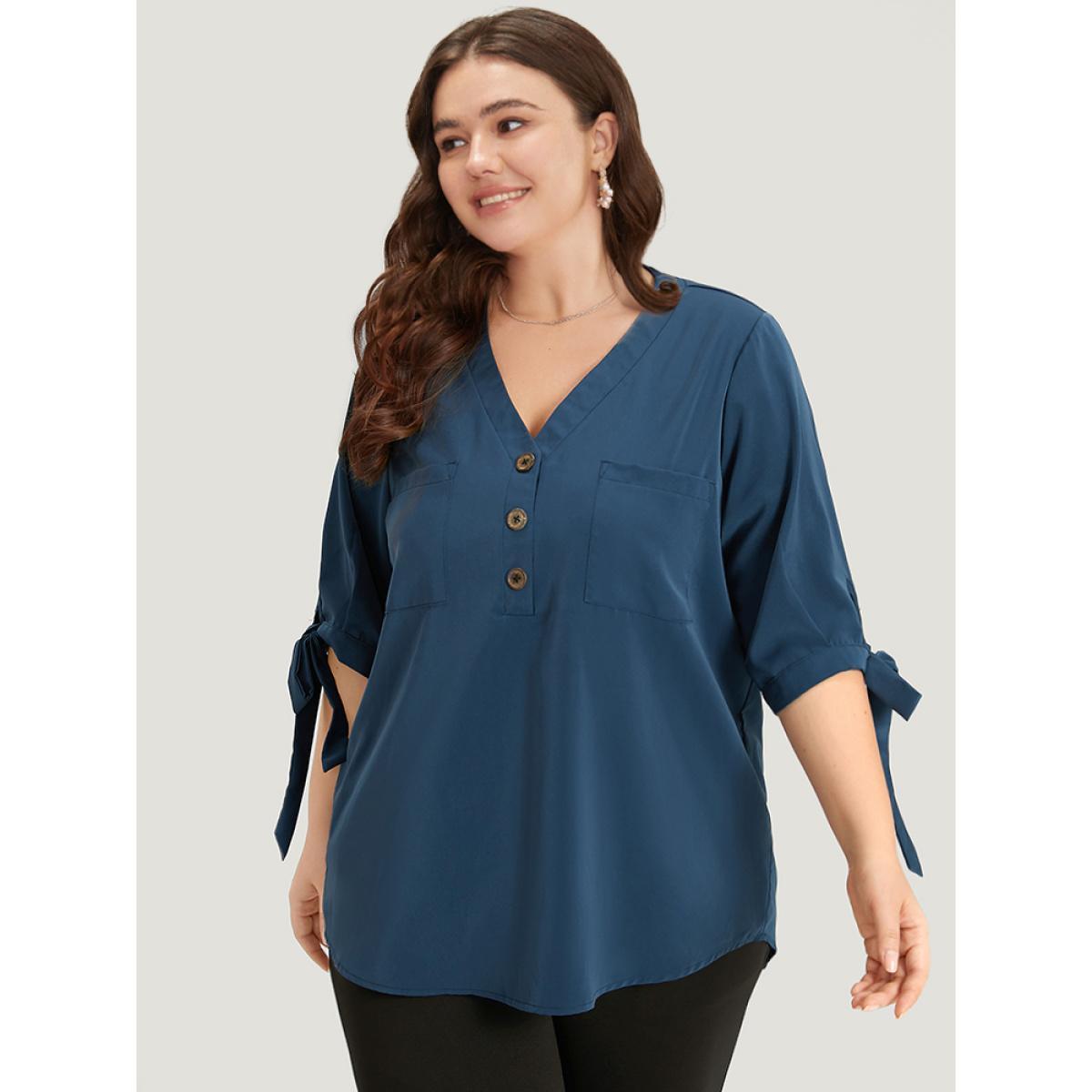 Plus Size Indigo Anti-Wrinkle Plain Button Up Knot V Neck Pocket Blouse Women Office Half Sleeve V-neck Dailywear Blouses BloomChic 26/4X Product Image