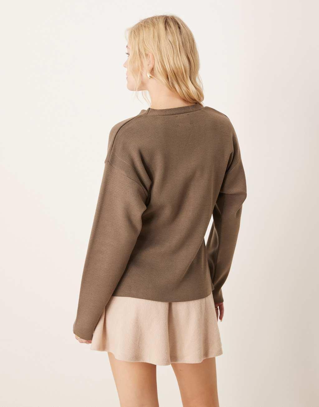 ASOS DESIGN knitted v neck structured compact cardigan with button detail in mocha Product Image