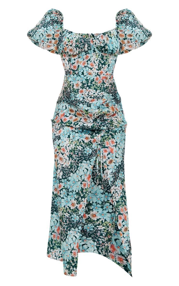 Blue Floral Print Satin Puff Sleeve Corset Ruched Midaxi Dress Product Image