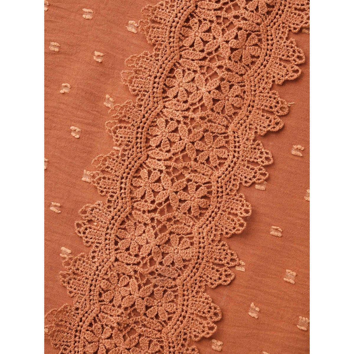 Plus Size Rust Textured Lace Panel Lantern Sleeve Blouse Women Elegant Long Sleeve Round Neck Everyday Blouses BloomChic 30/6X Product Image