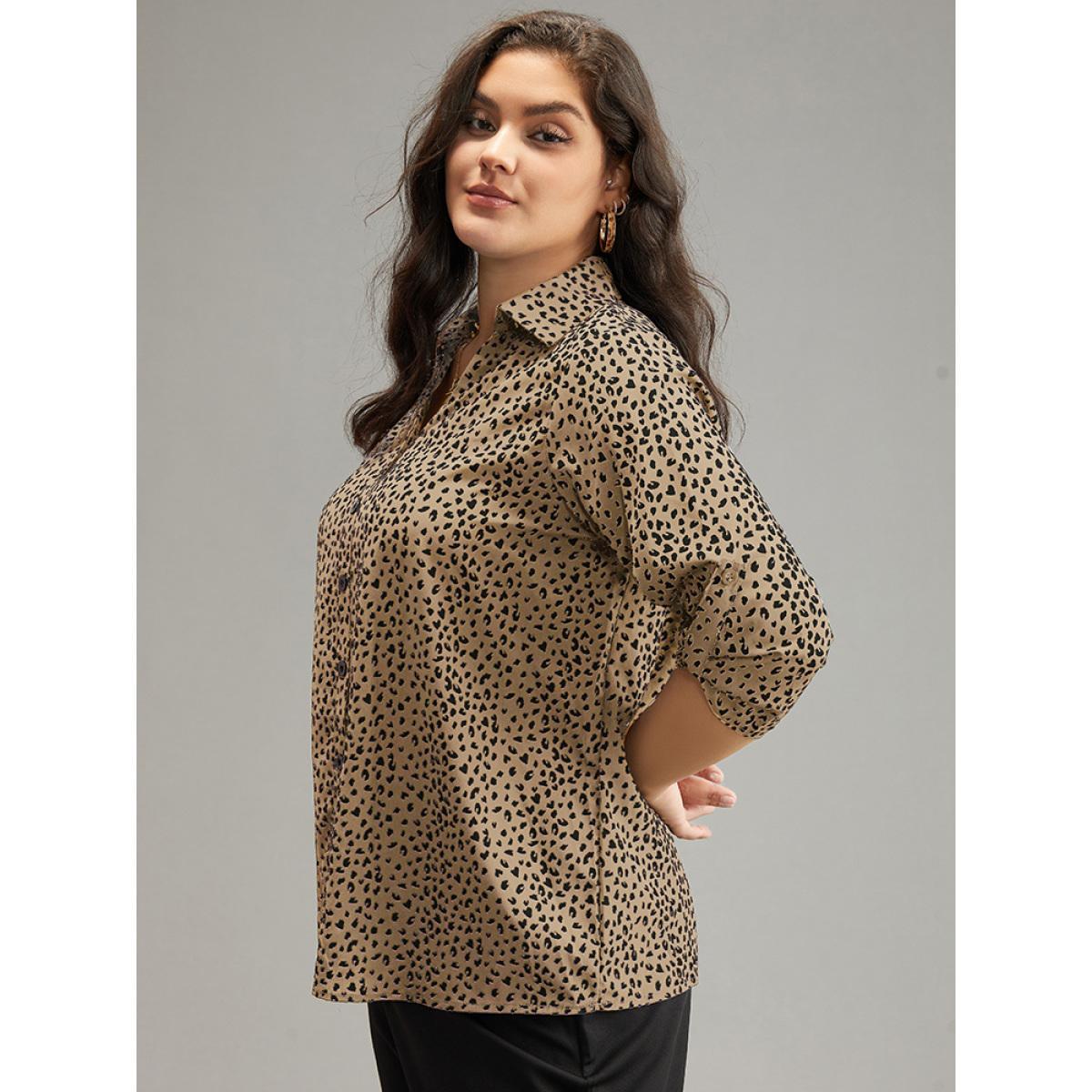 Plus Size Apricot Leopard Print Shirt Collar Button Through Blouse Women Office Elbow-length sleeve Shirt collar Work Blouses BloomChic 12/L Product Image