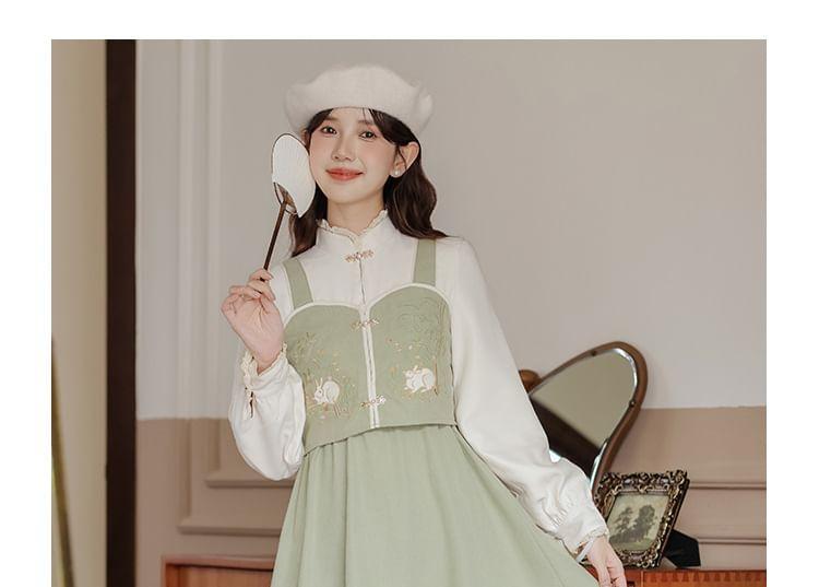 Mock Two-Piece Puff-Sleeve Stand Collar Rabbit Embroidered Midi Dress Product Image