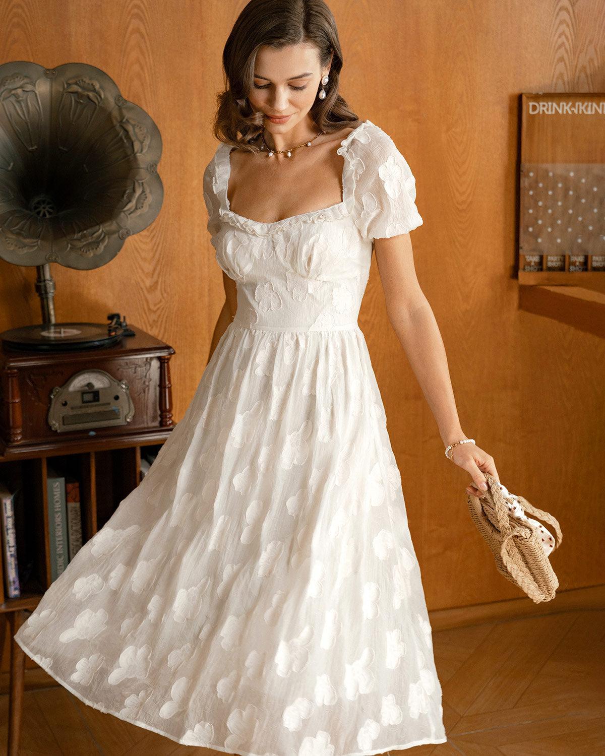 Beige Square Neck Puffed Sleeve Midi Dress Product Image