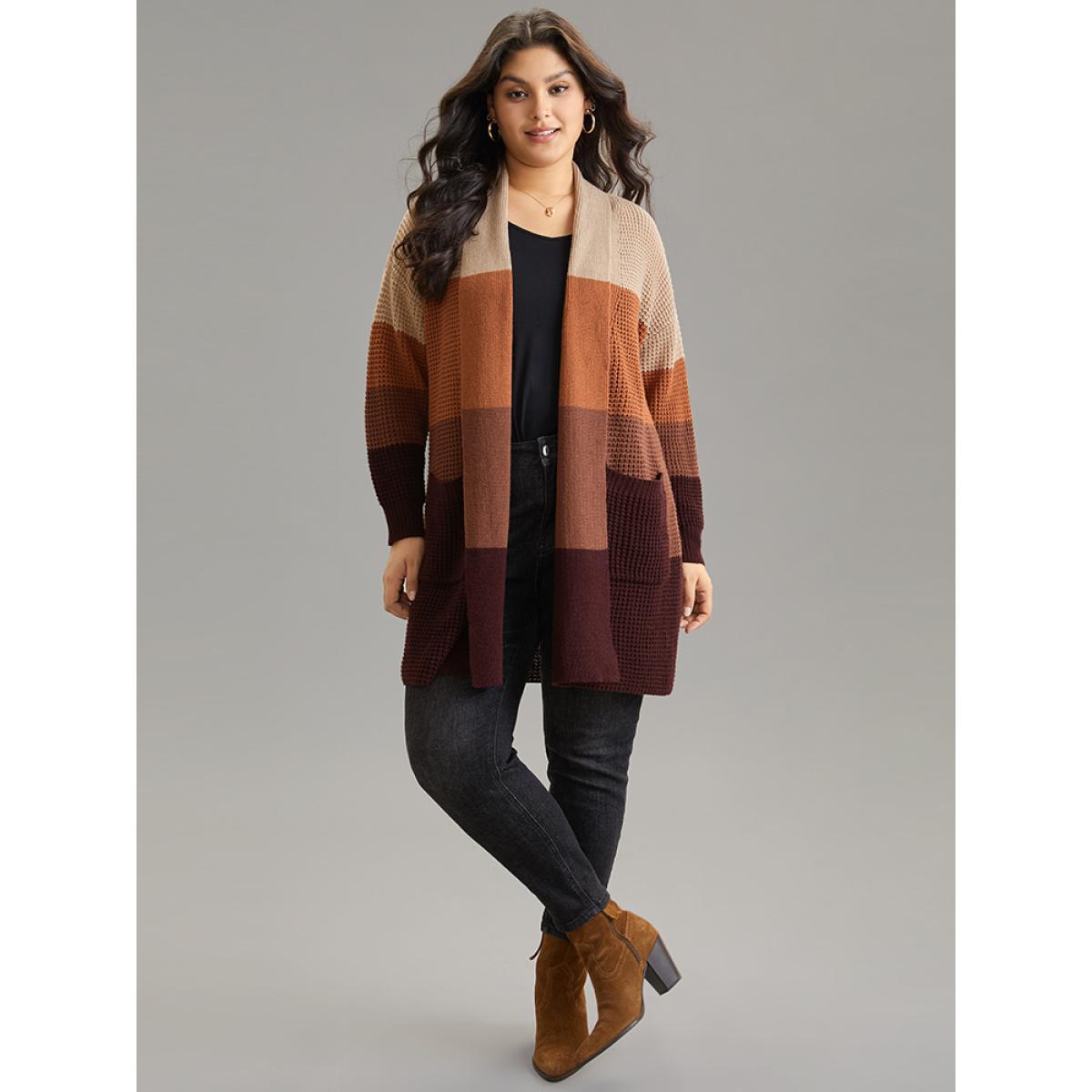 Plus Size Colorblock Contrast Pocket Open Front Cardigan Multicolor Women Casual Loose Long Sleeve Dailywear Cardigans BloomChic 28/5X Product Image