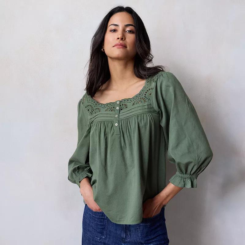 Womens LC Lauren Conrad Henley Puff Sleeve Peasant Top Young Green Product Image