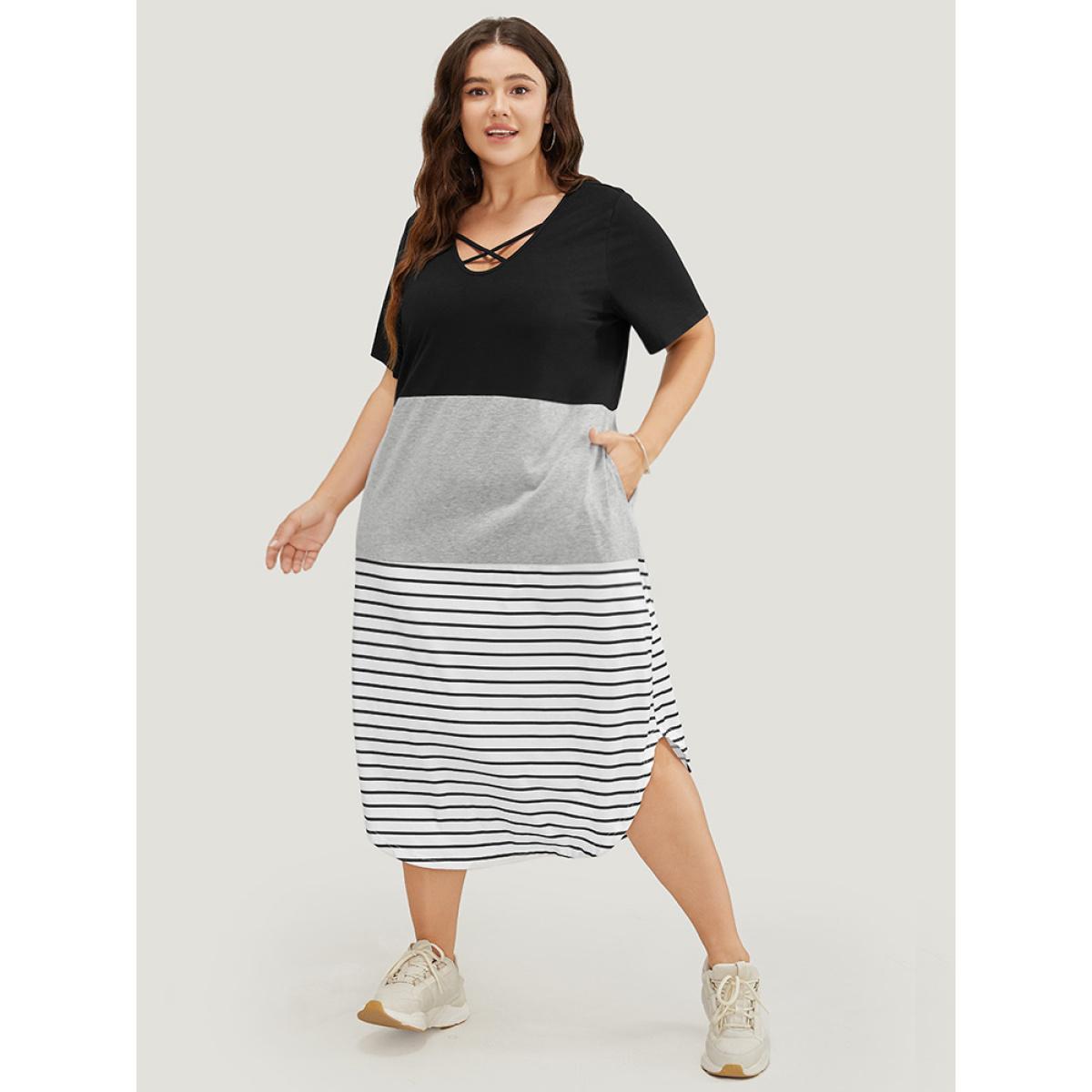 Plus Size Striped Contrast Arc Hem Pocket Crisscross Neck Dress Black Women Casual Contrast V-neck Short sleeve Curvy Midi Dress BloomChic 30/6X Product Image