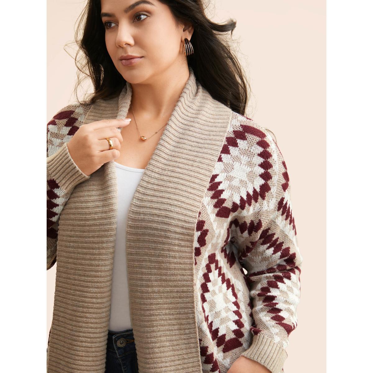 Plus Size Bandana Geometric Lapel Collar Cardigan LightBrown Women Casual Loose Long Sleeve Everyday Cardigans BloomChic 30/6X Product Image