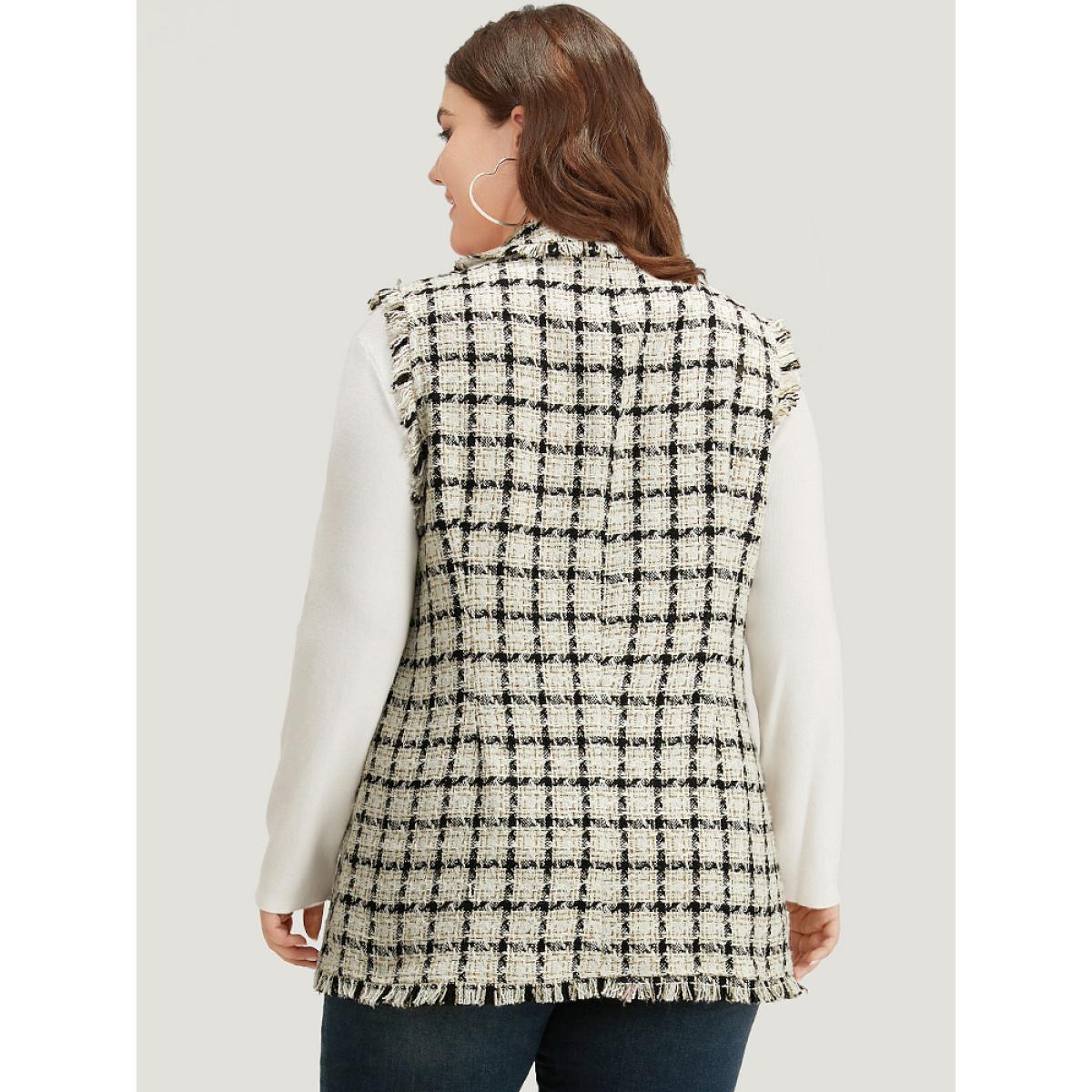 Plus Size Plaid Sleeveless Flap Pocket Button Up Blazer White Women Work Plaid Contrast Sleeve Long Sleeve Suit Collar 28/5X Pocket Casual Blazers BloomChic Product Image