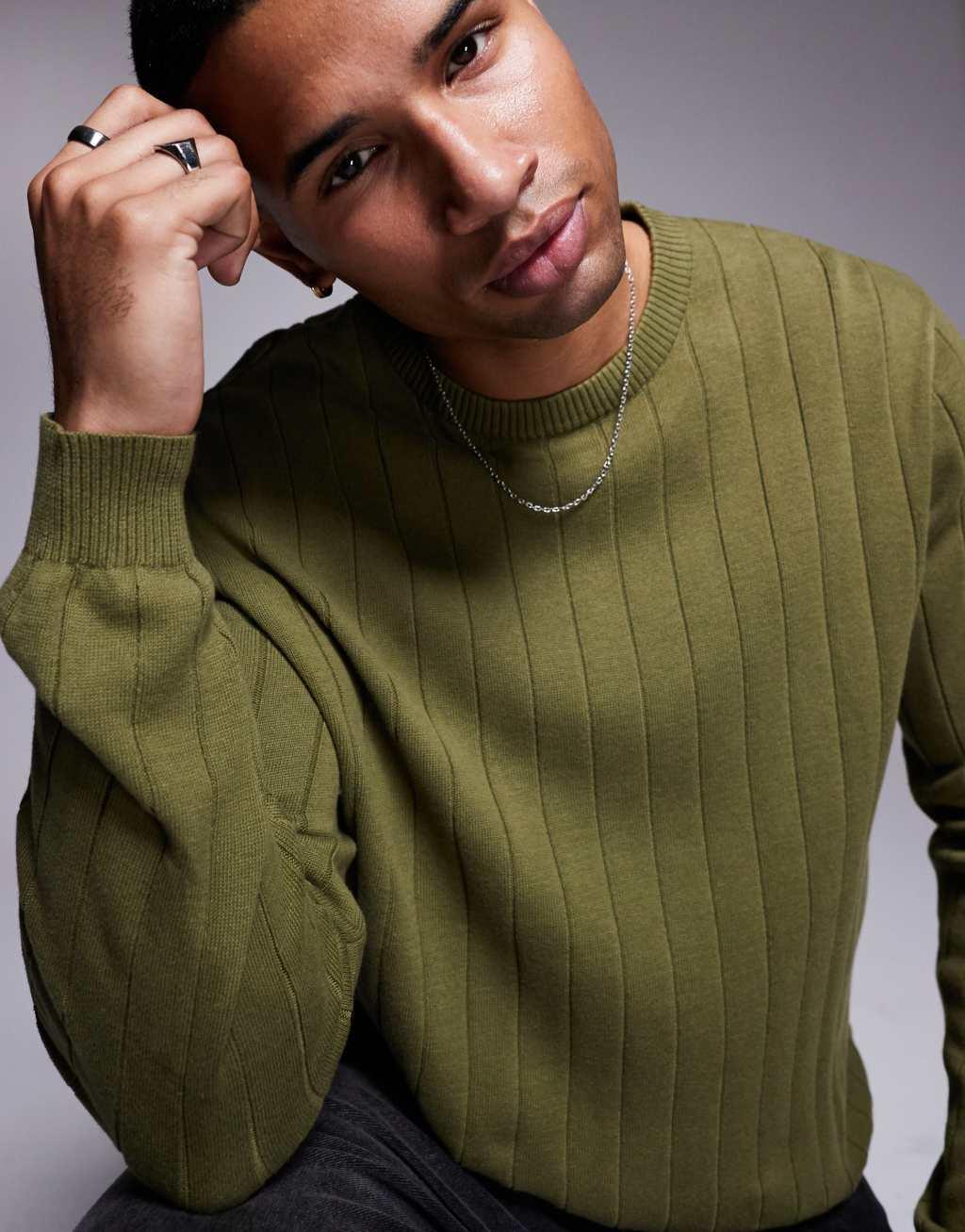 ASOS DESIGN relaxed knitted wide rib sweater in khaki Product Image