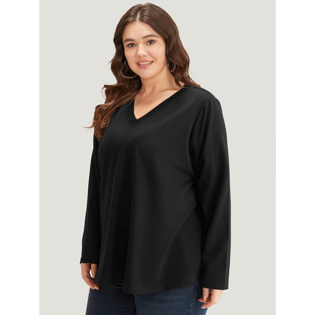 Plus Size Plain V Neck Back Half Zip Sweatshirt Women Black Casual Plain V-neck Dailywear Sweatshirts BloomChic 12/L Product Image