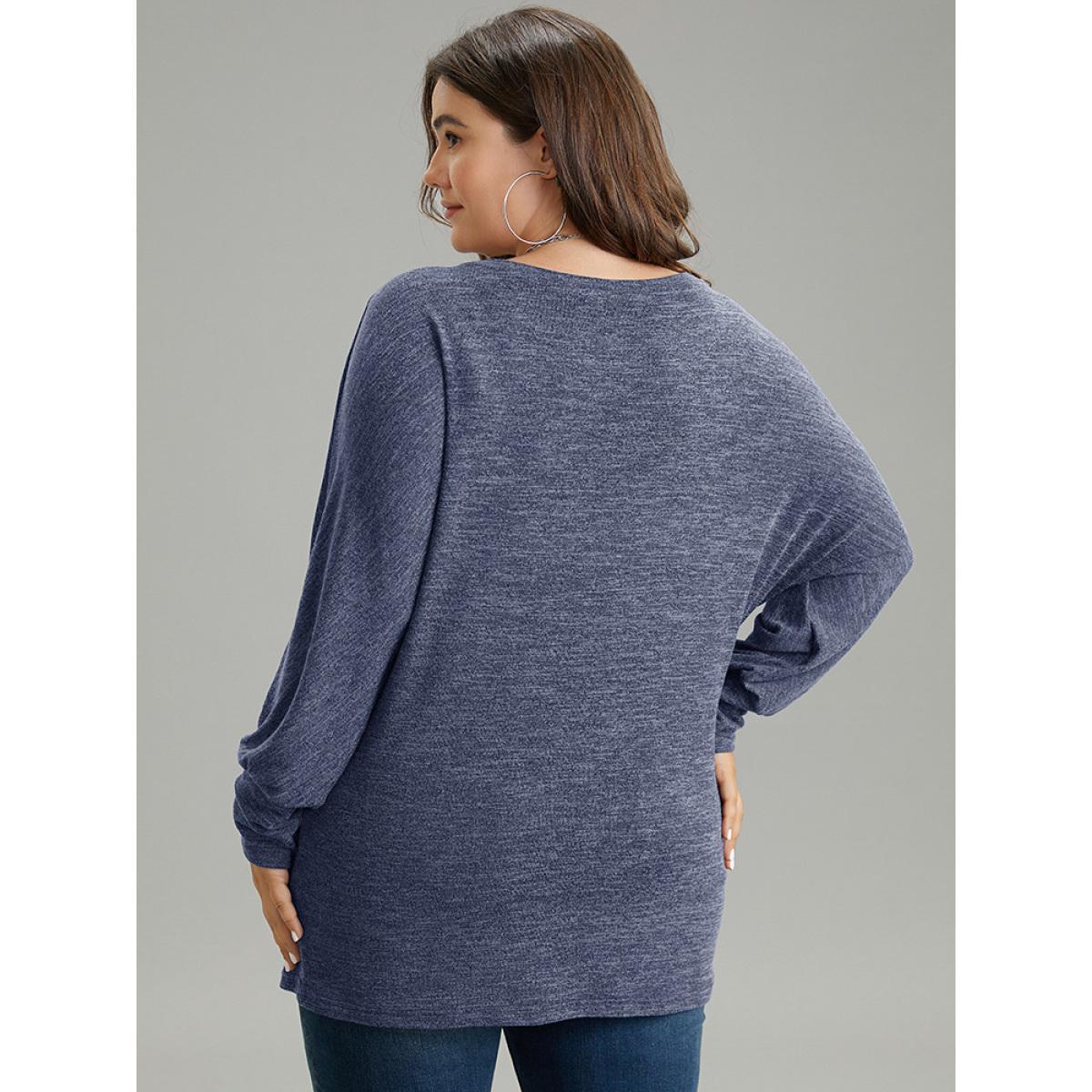 Plus Size Plain Heather Patched Pocket Dolman Sleeve T-shirt Blue Women Casual Plain Plain Round Neck Dailywear T-shirts BloomChic 12/L Product Image