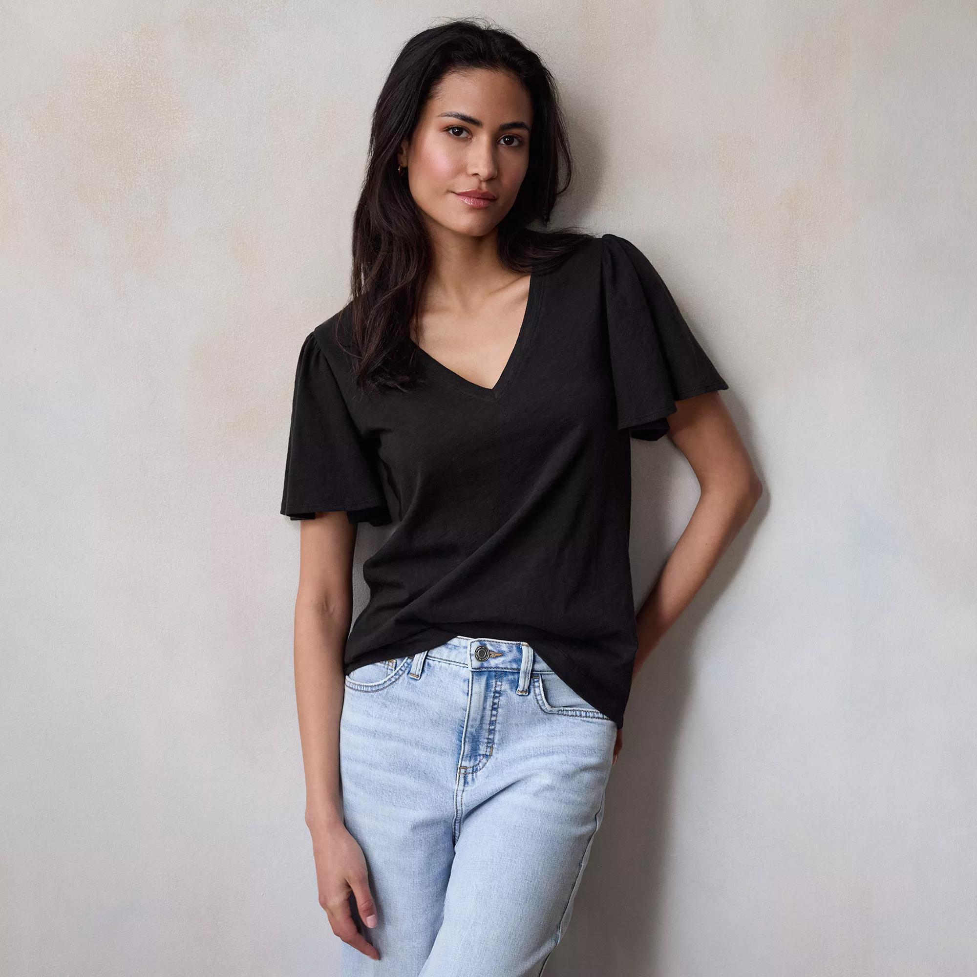 Petite LC Lauren Conrad V-Neck Flutter Short Sleeve Top, Women's, Size: Medium Petite, Black Ore Product Image