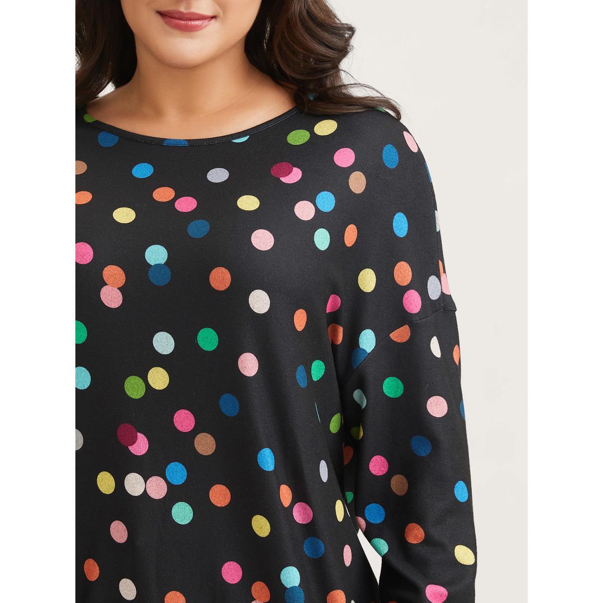 Plus Size Color Polka Dot Drop Shoulder T-Shirt DarkBlue Women Casual Contrast Round Neck Everyday T-shirts BloomChic 22-24/3X Product Image