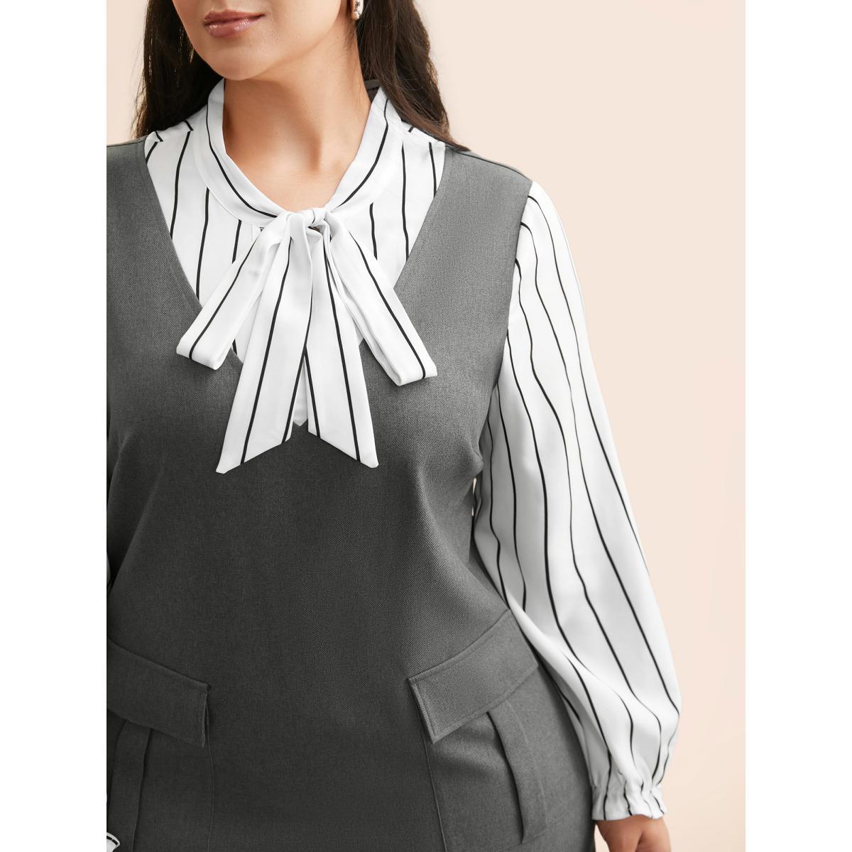 Plus Size Striped Patchwork Ribbon Tied Collar Dress DimGray Women At the Office Tie knot Ribbon-tied collar Long Sleeve Curvy BloomChic 14-16/1X Product Image