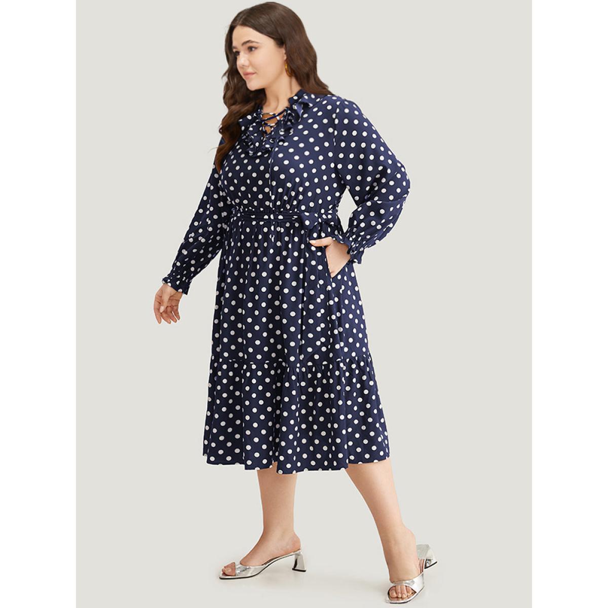 Plus Size Polka Dot Ruffle Trim Belted Lace Up Dress Indigo Women Office Belted Tie Neck Long Sleeve Curvy Midi Dress BloomChic 18-20/2X Product Image