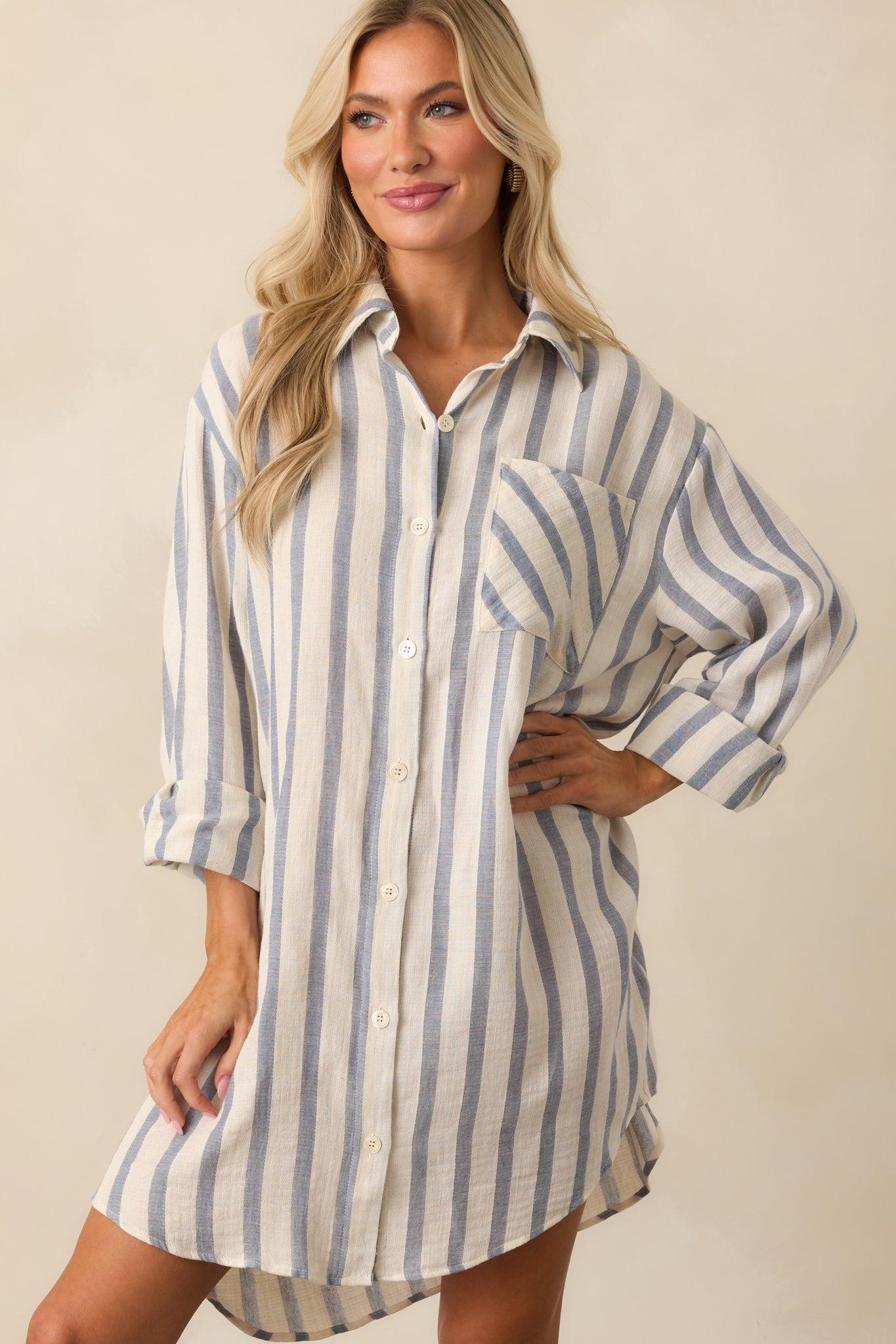 Better Than Expected Blue Stripe Cotton Mini Shirt Dress Product Image