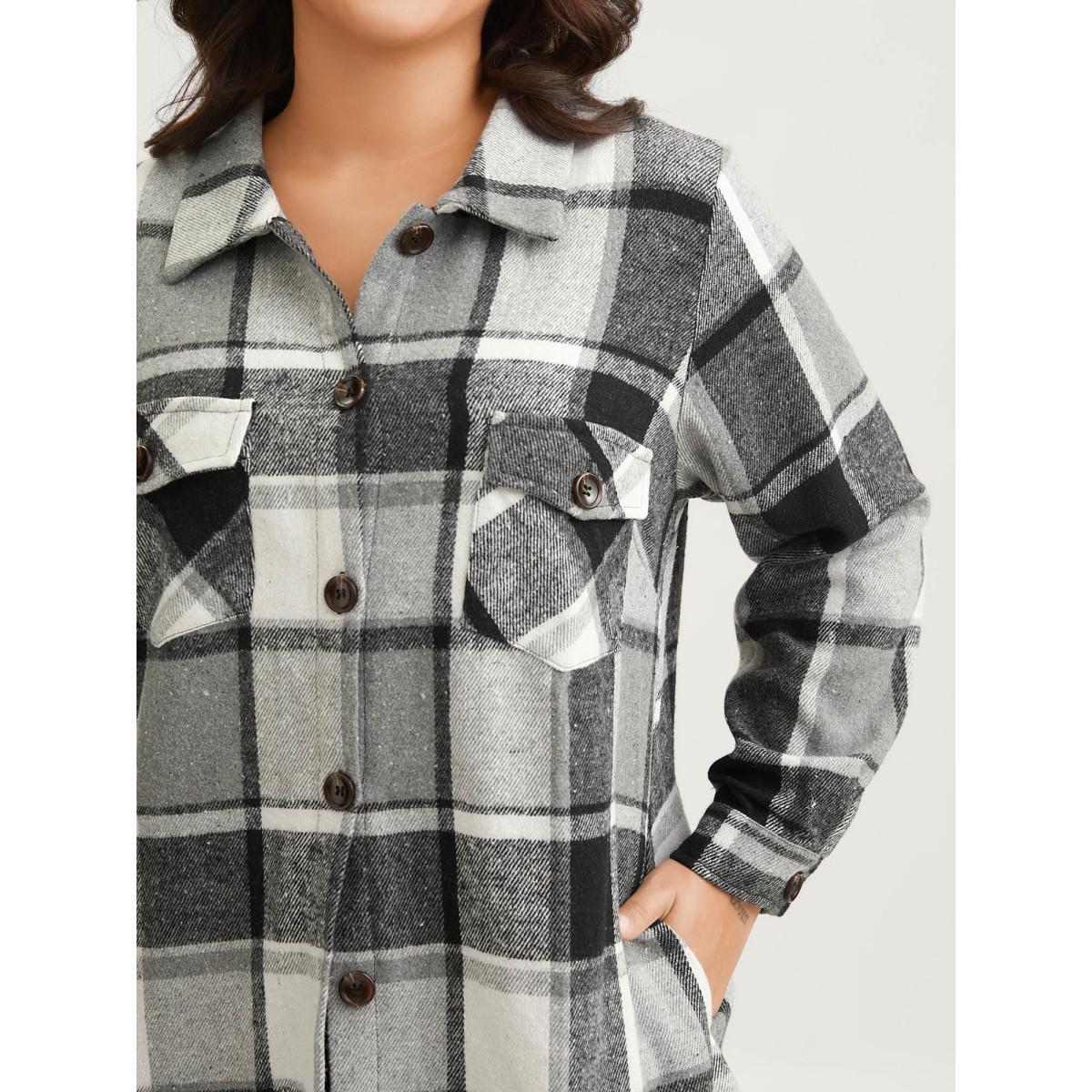 Plus Size Plaid Chest Pockets Long Jacket Women Black Button Loose Side seam pocket Everyday Jackets BloomChic 26/4X Product Image
