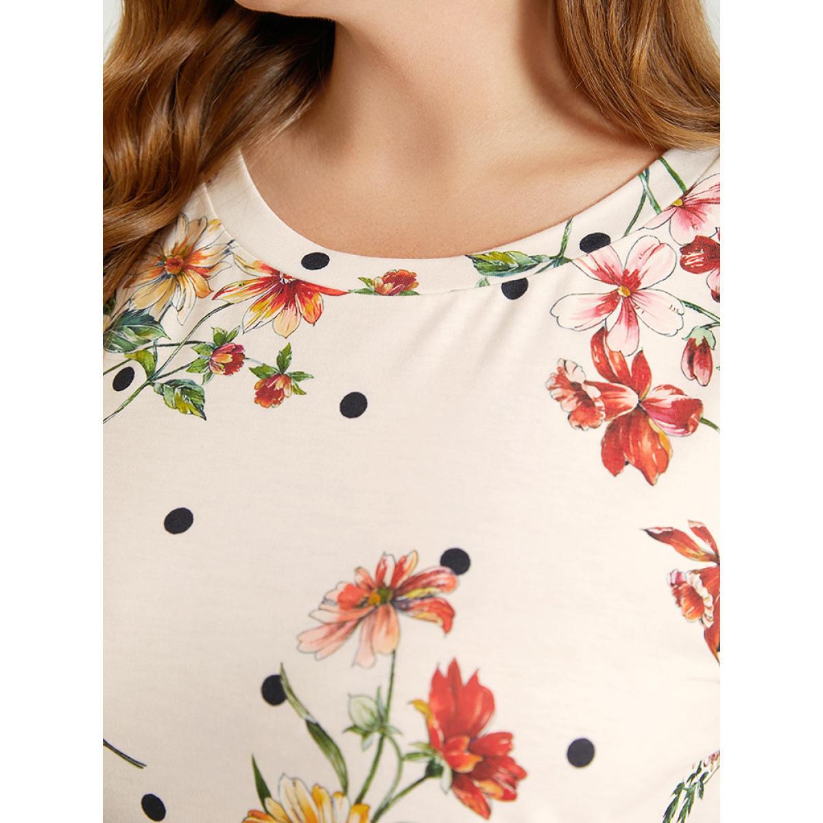 Plus Size Floral & Polka Dot Round Neck T-shirt Beige Women Elegant Floral Round Neck Dailywear T-shirts BloomChic 14-16/1X Product Image