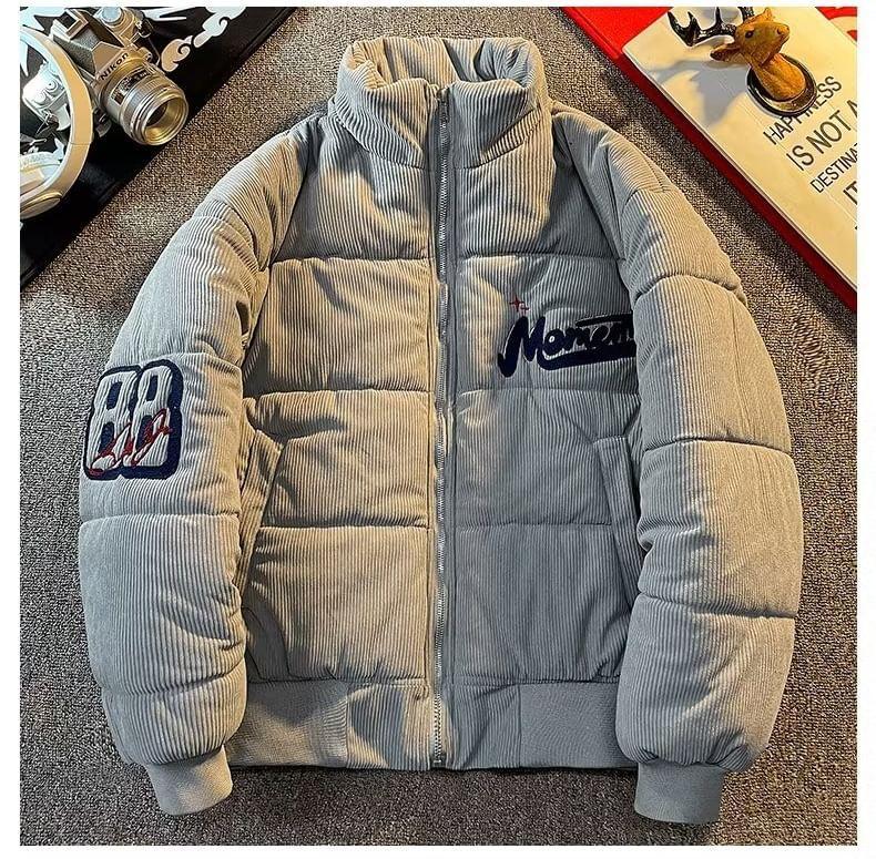 Stand Collar Lettering Embroidered Corduroy Zip Puffer Jacket Product Image
