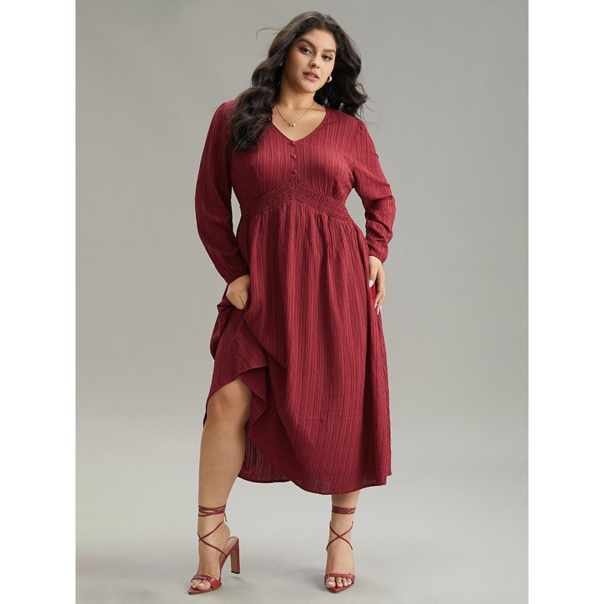 Plus Size Solid Plisse Button Detail Shirred Dress Scarlet Women Elegant Elastic cuffs V-neck Long Sleeve Curvy Midi Dress BloomChic 14-16/1X Product Image
