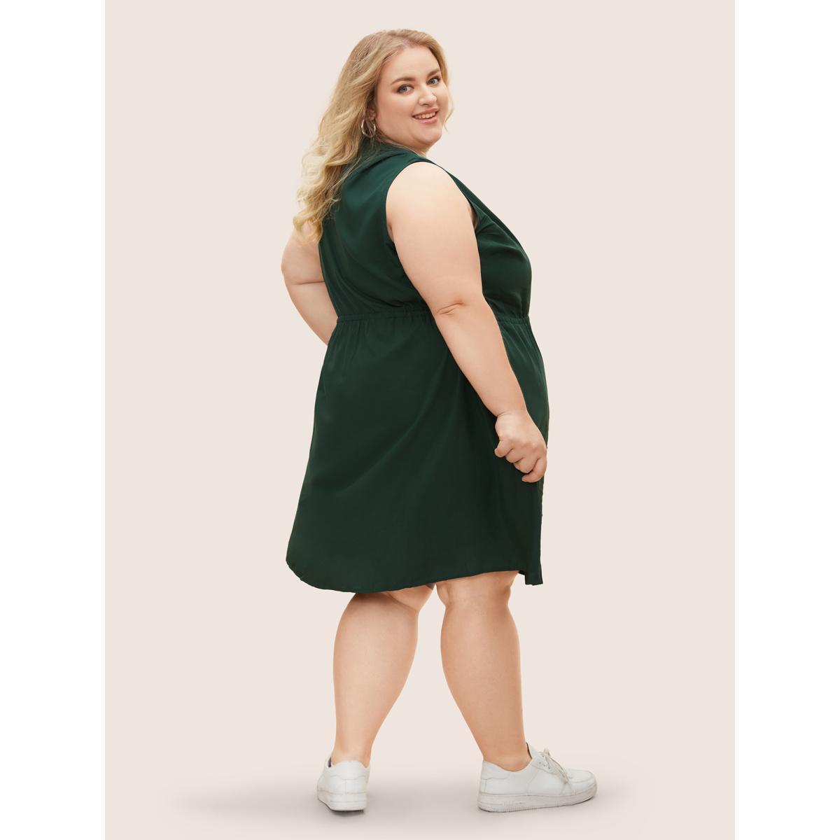 Plus Size Plain Ties Front Button Pocket V Neck Dress DarkGreen Women Work From Home Button V-neck Sleeveless Curvy Knee Dress BloomChic 14-16/1X Product Image