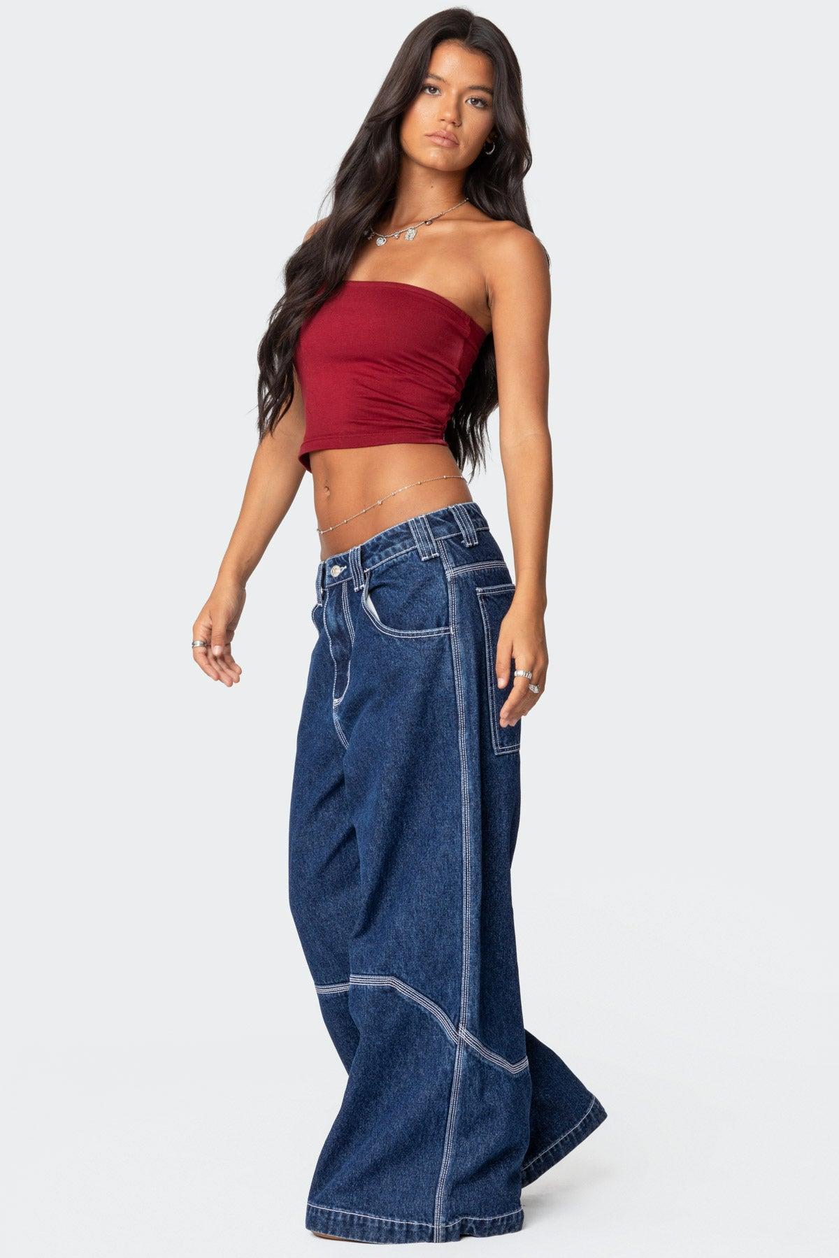 Super Wide Contrast Stitch Low Rise Jeans Product Image