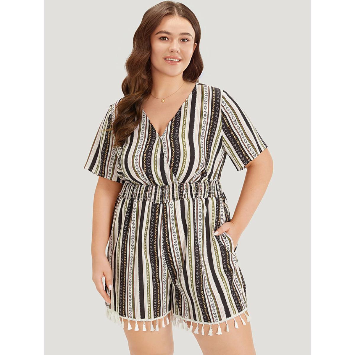 Plus Size Multicolor Boho Print Shirred Cut Out Tassel Trim Romper Women Elegant Short sleeve V-neck Dailywear Loose Jumpsuits BloomChic 12/L Product Image