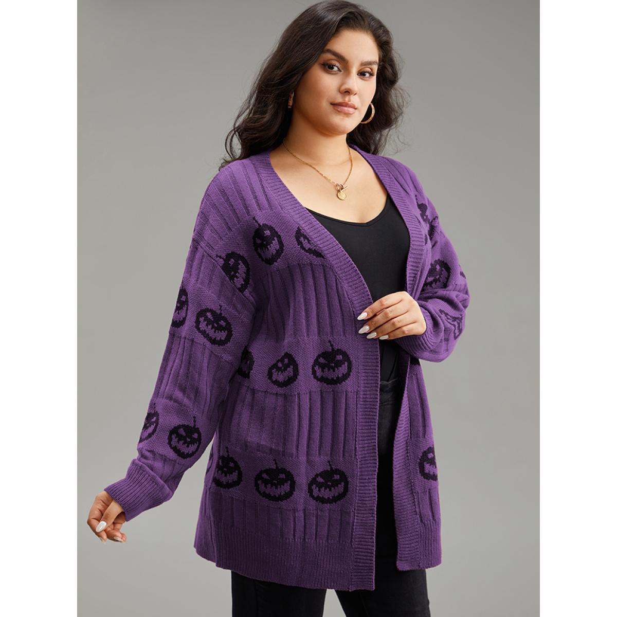 Plus Size Halloween Pumpkin Graphic Open Front Cardigan Purple Women Casual Loose Long Sleeve Festival-Halloween Cardigans BloomChic 22-24/3X Product Image