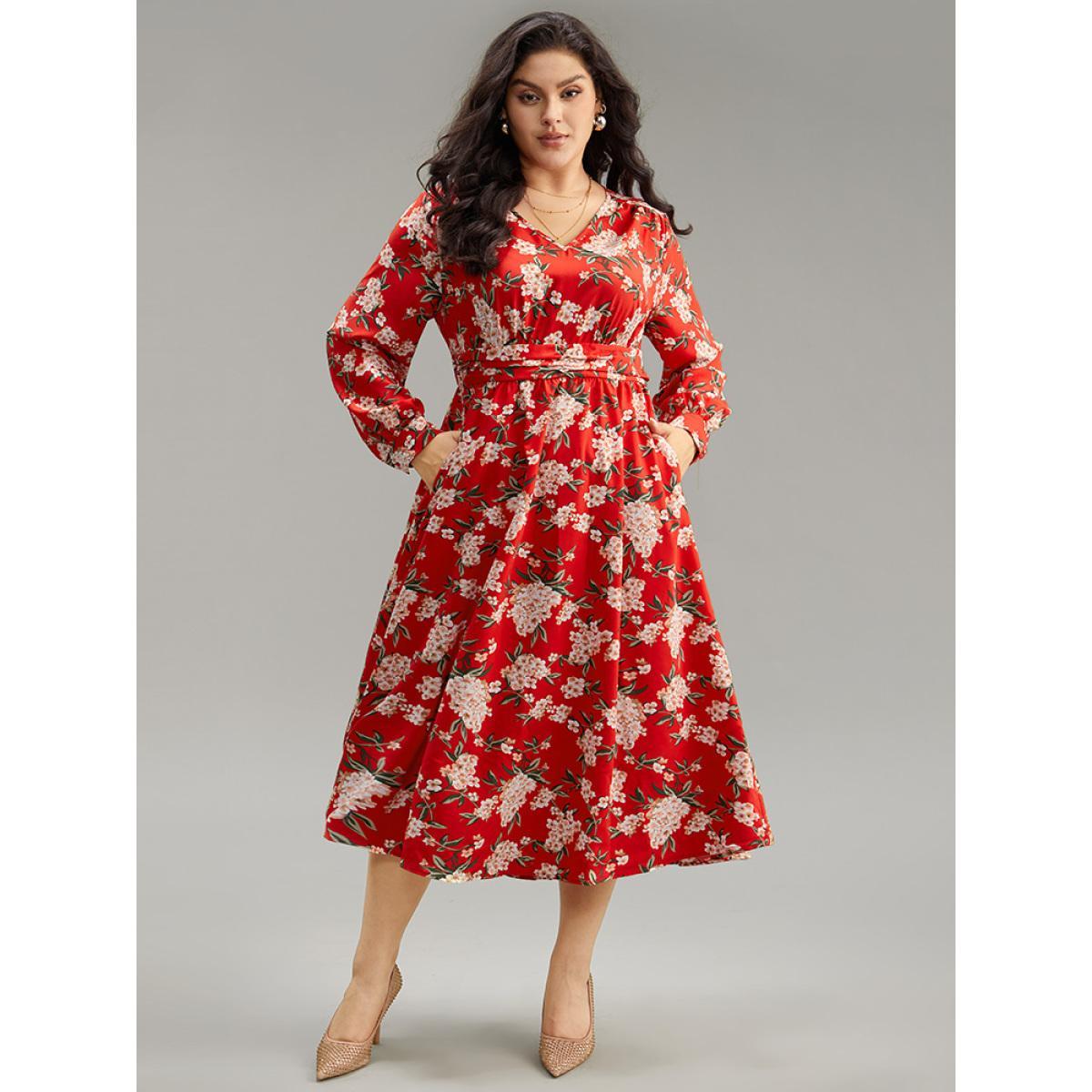 Plus Size Floral Print Ruched Pocket Pleated Dress Red Women Elegant Printed V-neck Long Sleeve Curvy Midi Dress BloomChic 18-20/2X Product Image