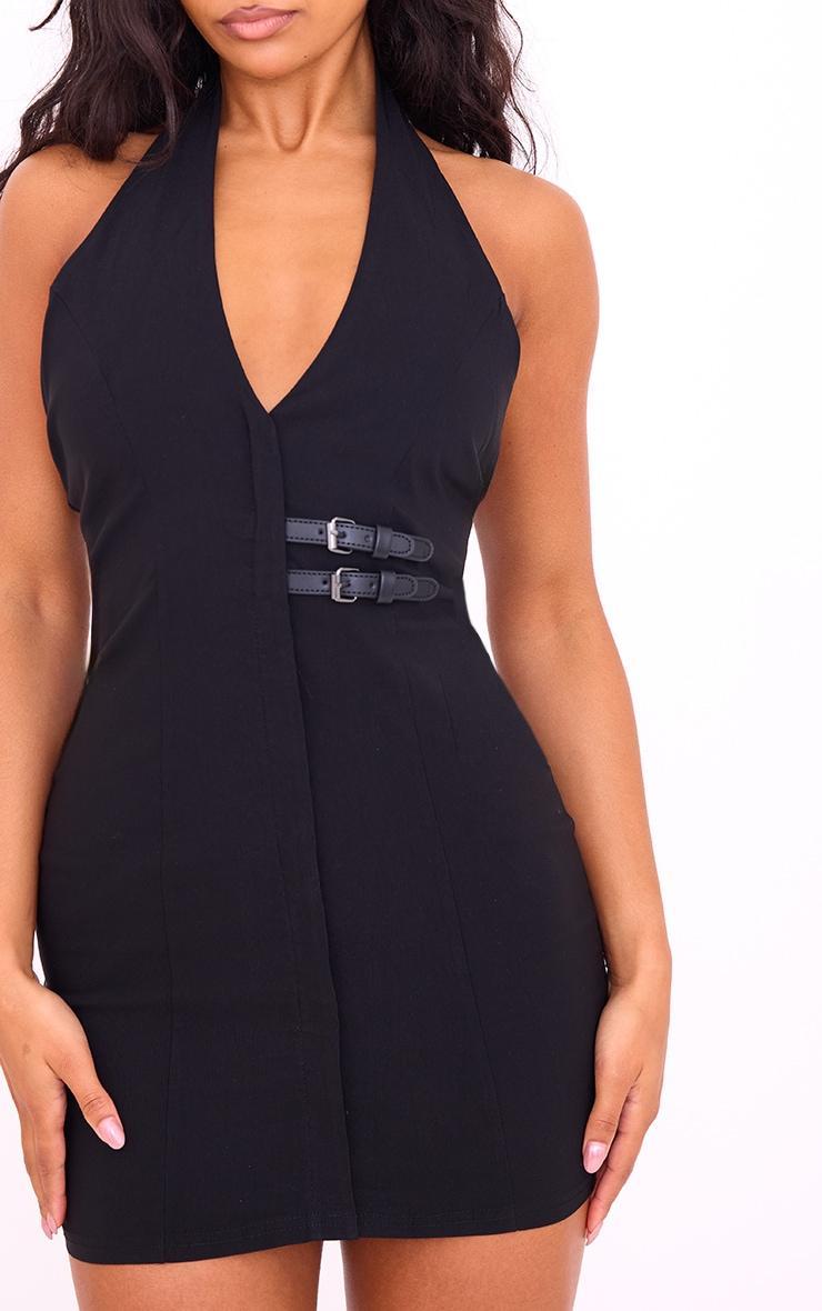 Black Stretch Woven Belted Bodycon Dress Product Image