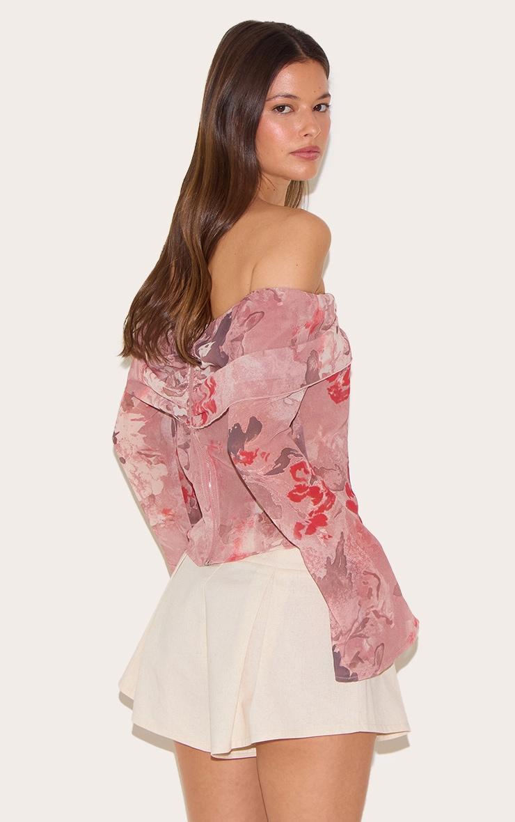  Dusty Pink Printed Bardot Chiffon Blouse Product Image