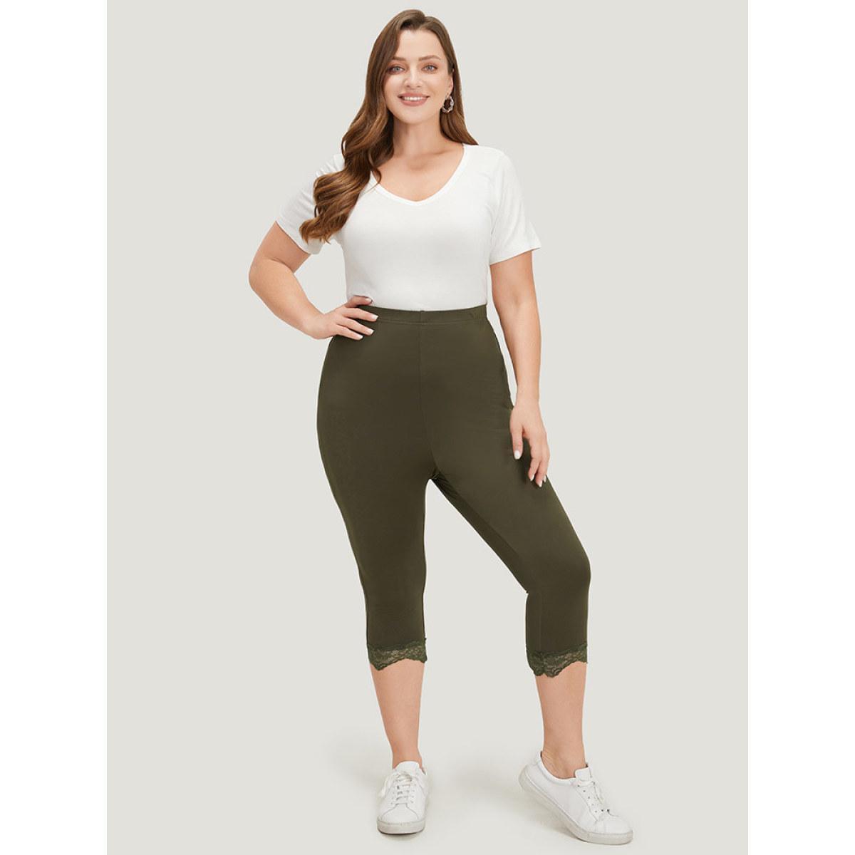 Plus Size Plain Lace Patchwork High Rise Leggings Women ArmyGreen Casual High stretch Skinny High Rise Dailywear Leggings BloomChic 26/4X Product Image