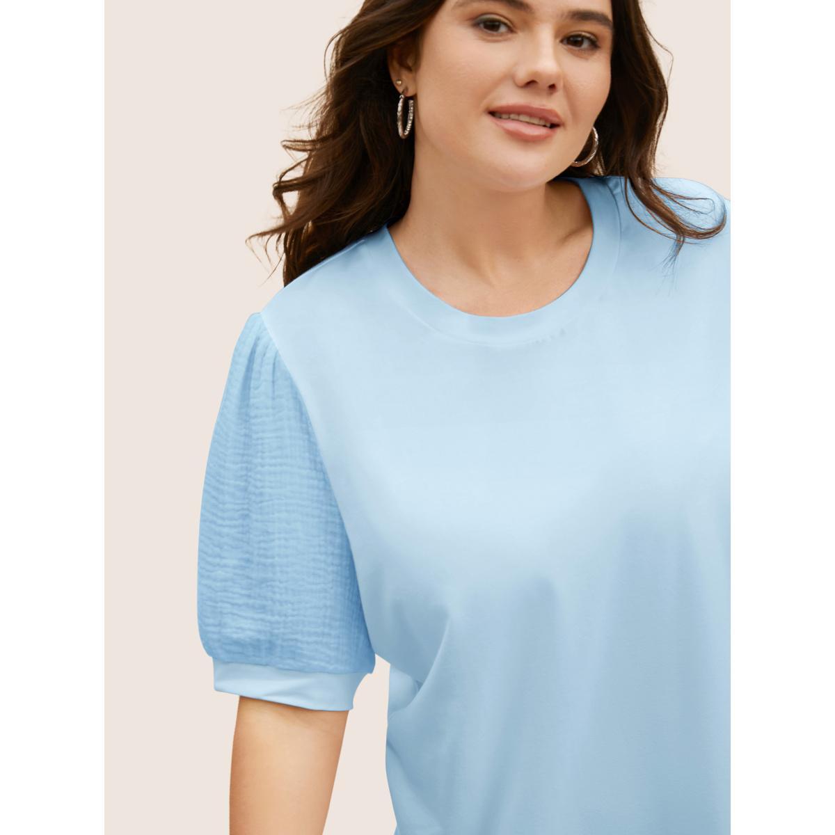 Plus Size Plain Textured Patchwork Lantern Sleeve T-Shirt LightBlue Women Casual Texture Round Neck Everyday T-shirts BloomChic 26/4X Product Image