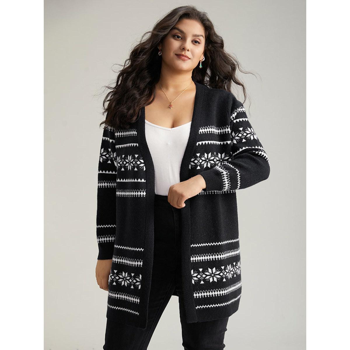 Plus Size Anti-Pilling Bandana Print Elastic Cuffs Cardigan Black Women Casual Loose Long Sleeve Festival-Christmas Cardigans BloomChic 10/M Product Image