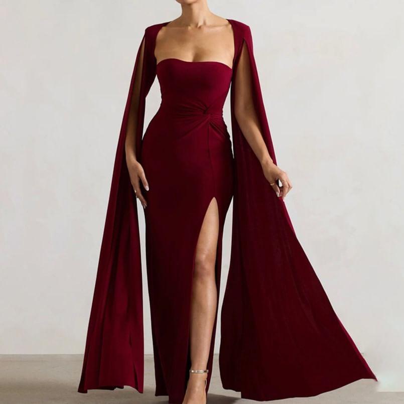 Slit-Sleeve Plain Maxi A-Line Dress Product Image