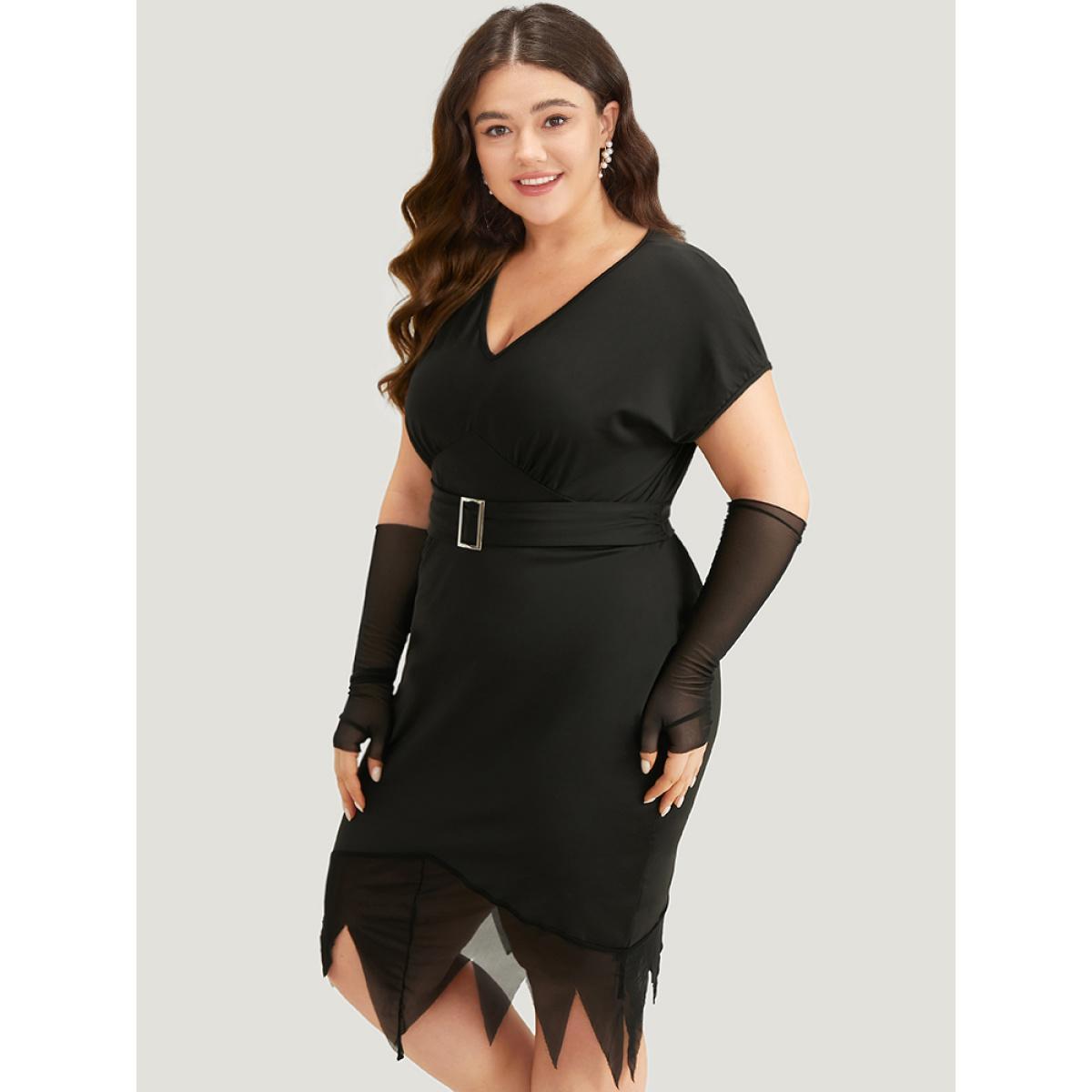Plus Size Halloween Solid Mermaid Hem Mesh Bowknot Dress Black Women Casual Plain V-neck Sleeveless Curvy Knee Dress BloomChic 18-20/2X Product Image