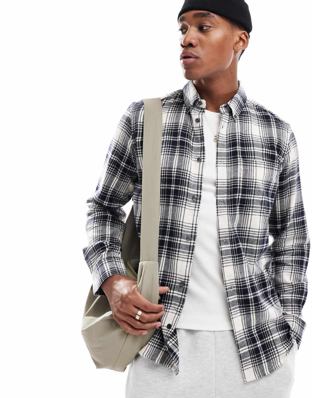 French Connection long sleeve check flannel shirt in ecru and navy Product Image