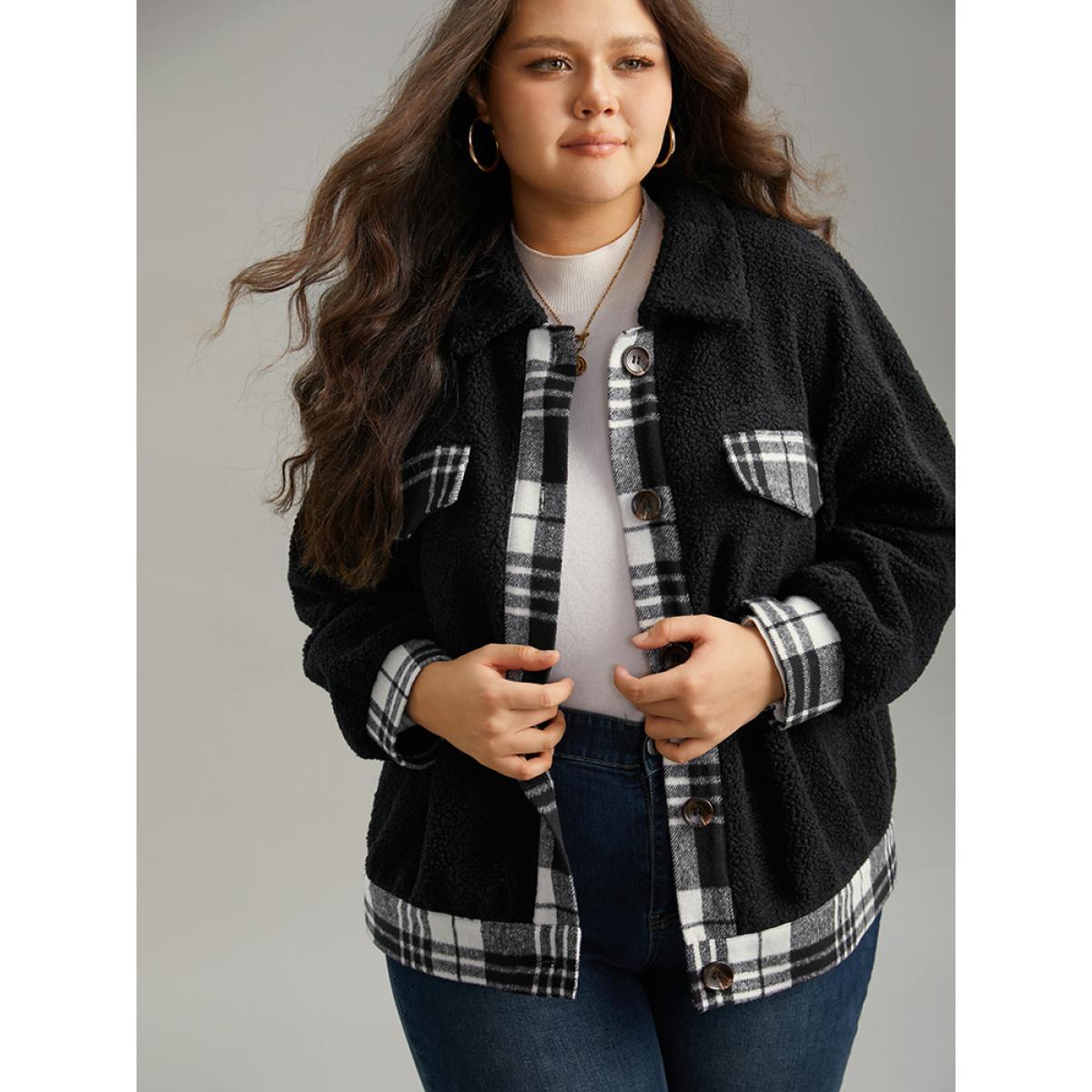 Plus Size Plaid Patchwork Button Up Teddy Shacket Women Black Contrast Dailywear Jackets BloomChic 14-16/1X Product Image