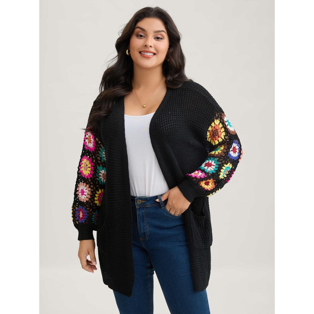 Plus Size Crochet Floral Drop Shoulder Cut Out Cardigan Black Women Resort Loose Long Sleeve Vacation Cardigans BloomChic 12/L Product Image