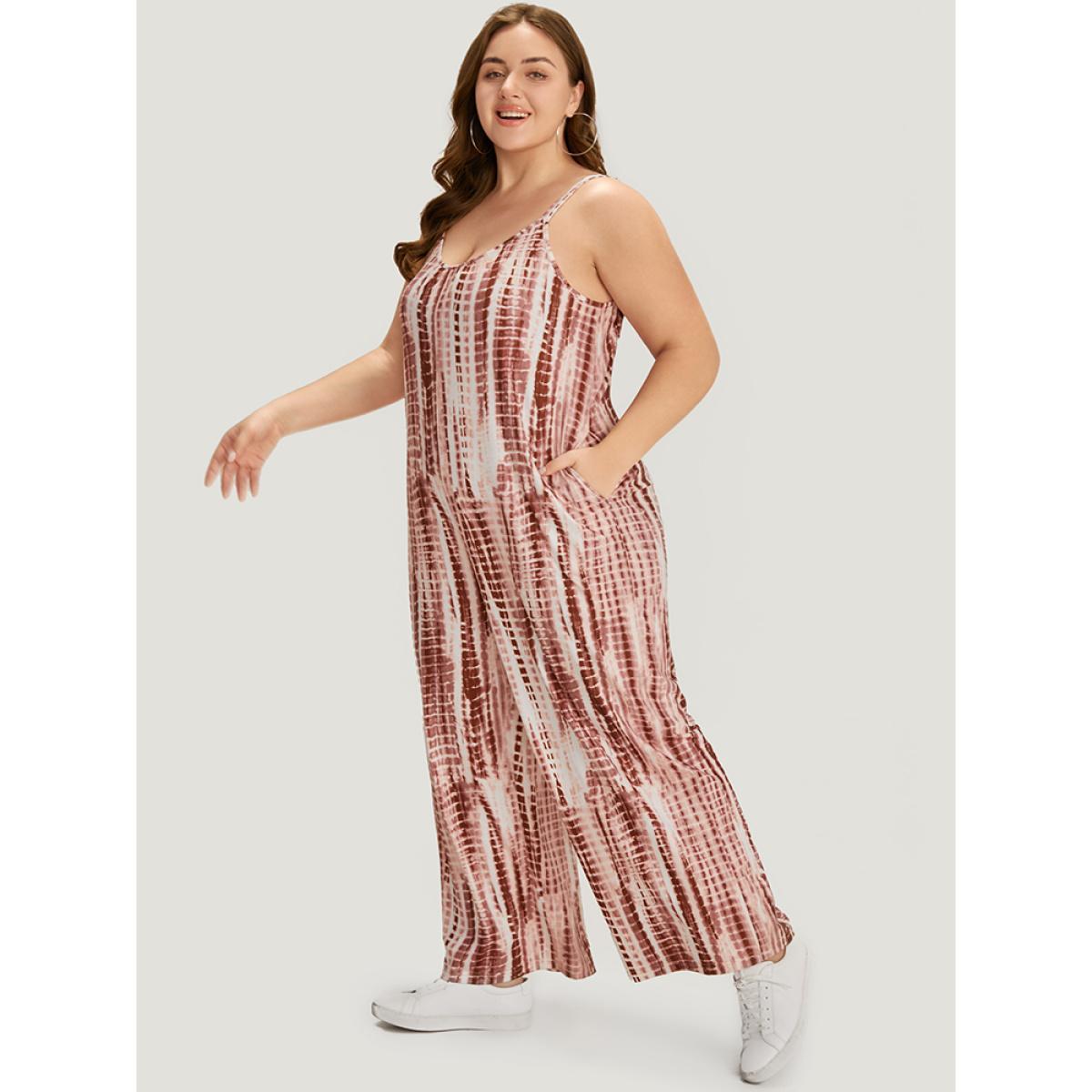 Plus Size Rouge Tie Dye Striped Pocket Backless Cami Jumpsuit Women Casual Sleeveless Spaghetti Strap Dailywear Loose Jumpsuits BloomChic 18-20/2X Product Image