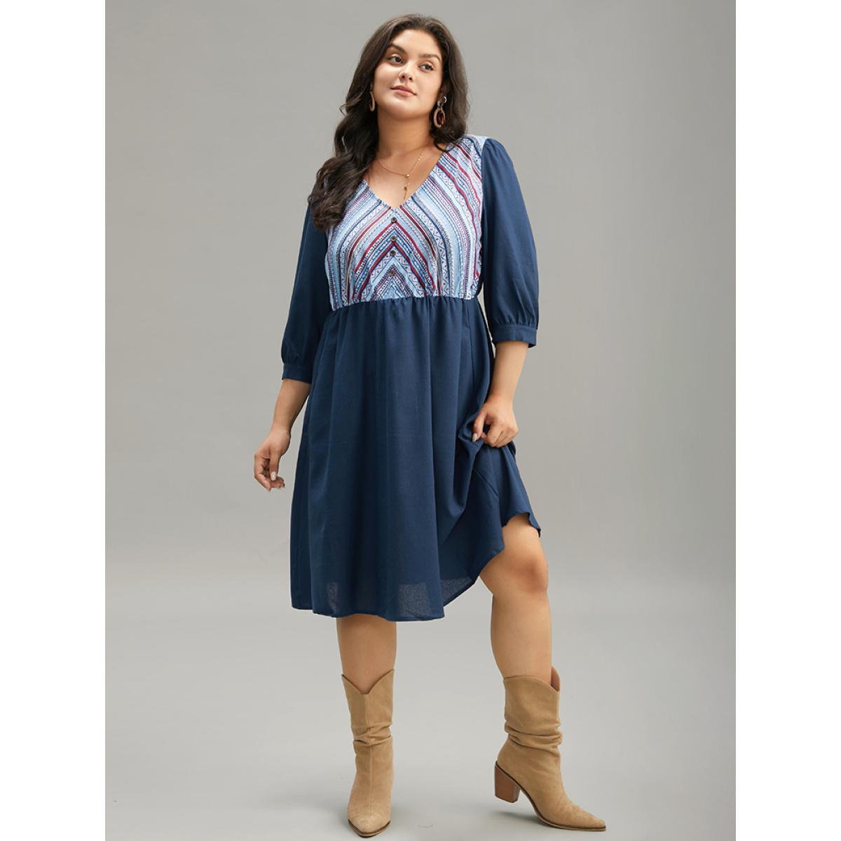 Plus Size Boho Print Striped Patchwork Lantern Sleeve Dress Indigo Women Vacation Printed V-neck Elbow-length sleeve Curvy Midi Dress BloomChic 10/M Product Image