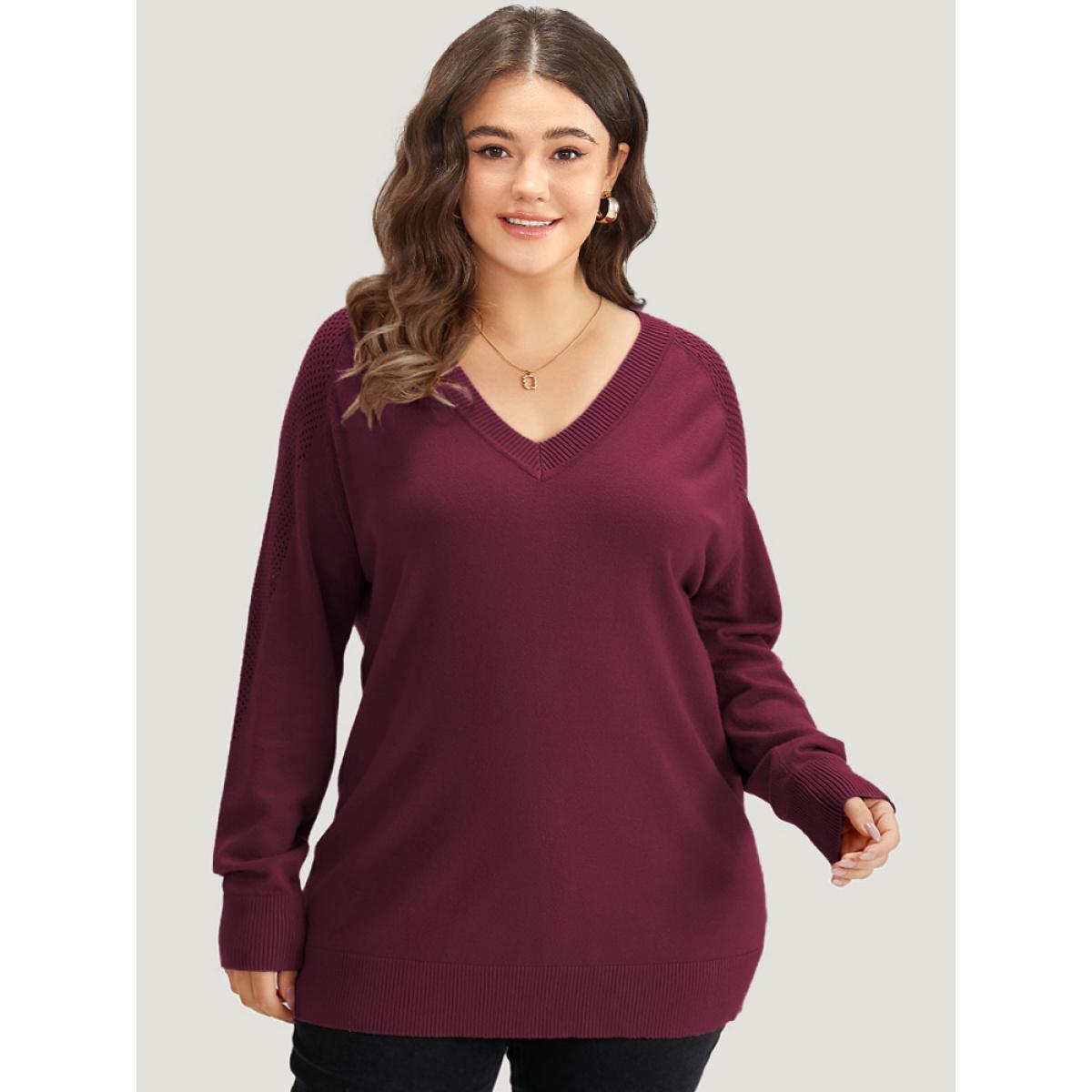 Plus Size Supersoft Essentials Solid Cut Out Patchwork Pullover Midnight Women Casual Loose Long Sleeve V-neck Dailywear Pullovers BloomChic 30/6X Product Image