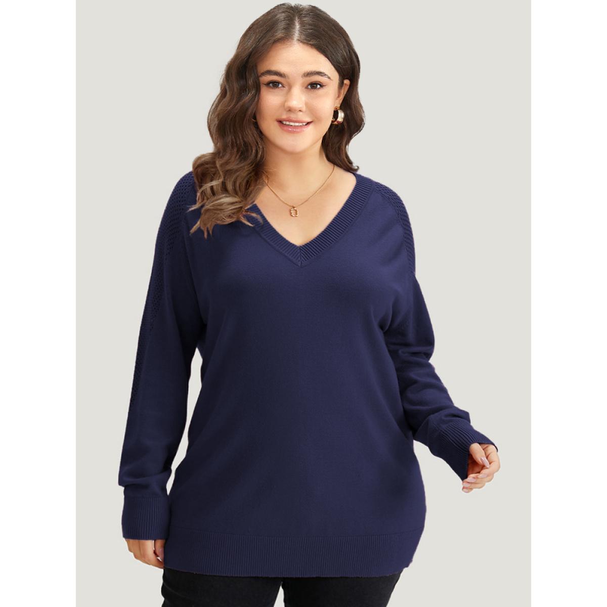 Plus Size Supersoft Essentials Solid Cut Out Patchwork Pullover Midnight Women Casual Loose Long Sleeve V-neck Dailywear Pullovers BloomChic 30/6X Product Image