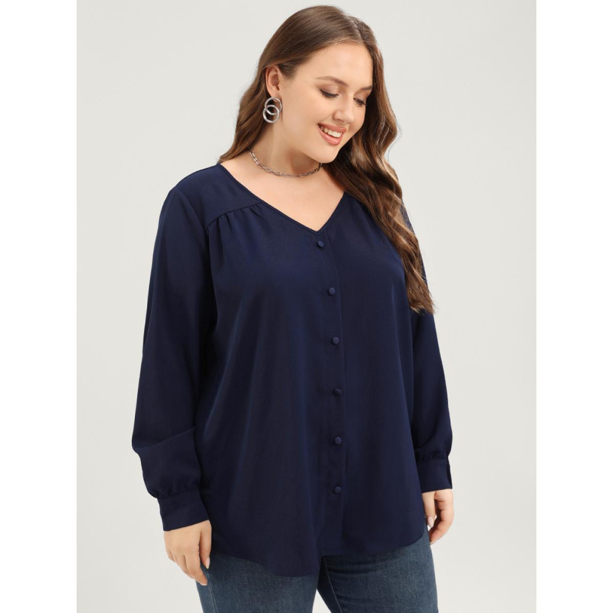 Plus Size Indigo Solid Button Detail Gathered V Neck Blouse Women Elegant Long Sleeve V-neck Dailywear Blouses BloomChic 28/5X Product Image