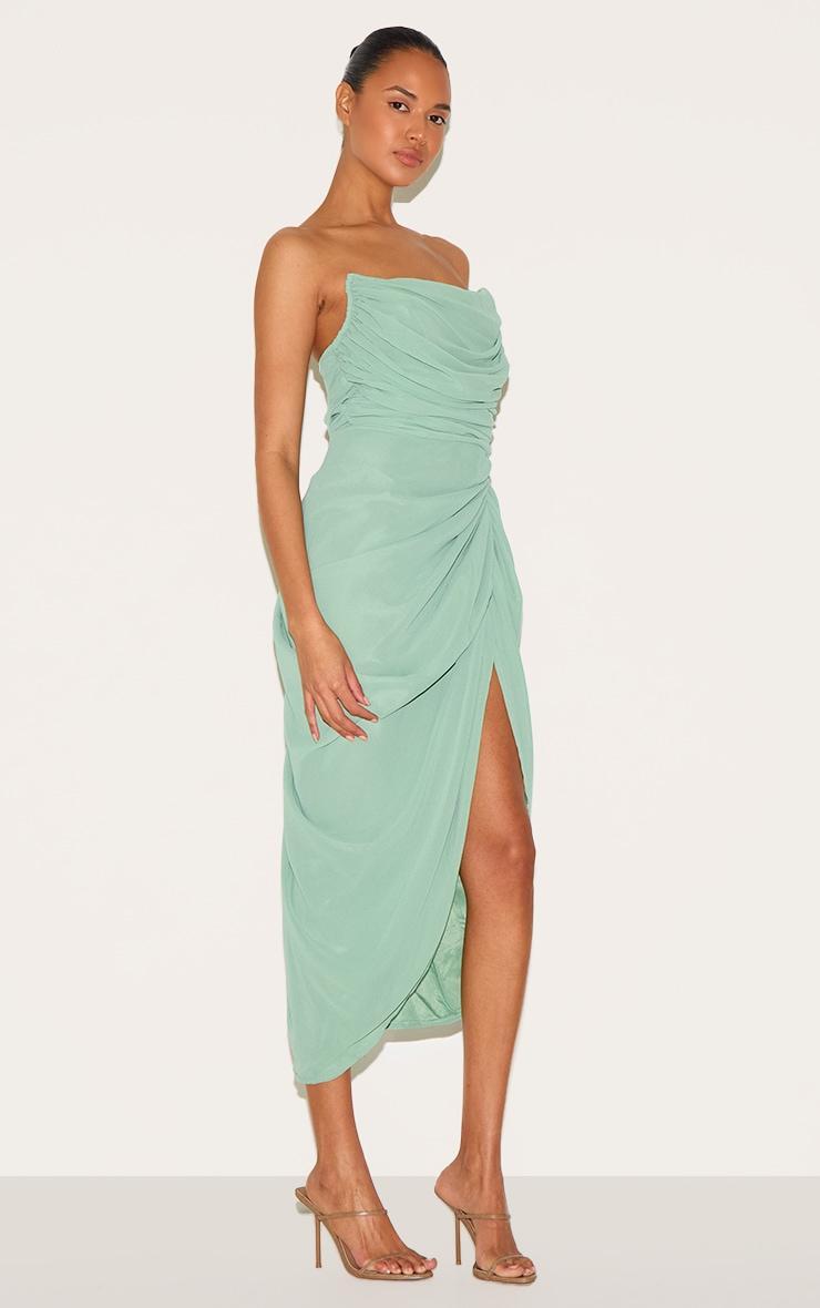 Sage Green Chiffon Corset Bandeau Draped Midi Dress Product Image