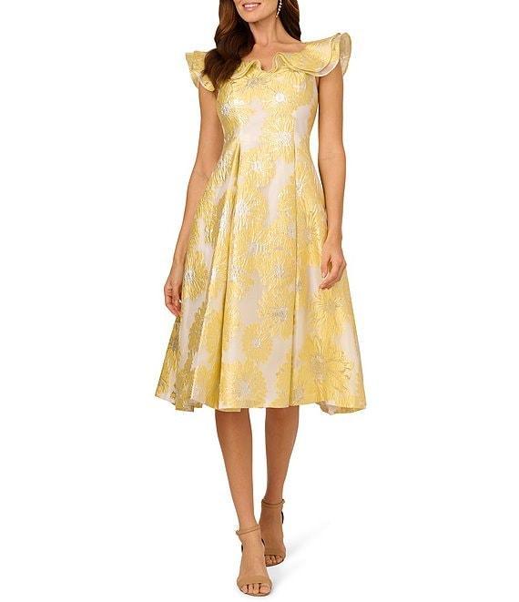Adrianna Papell Jacquard Floral Print Boat Neck Cap Flutter Sleeve A-Line Midi Dress Product Image