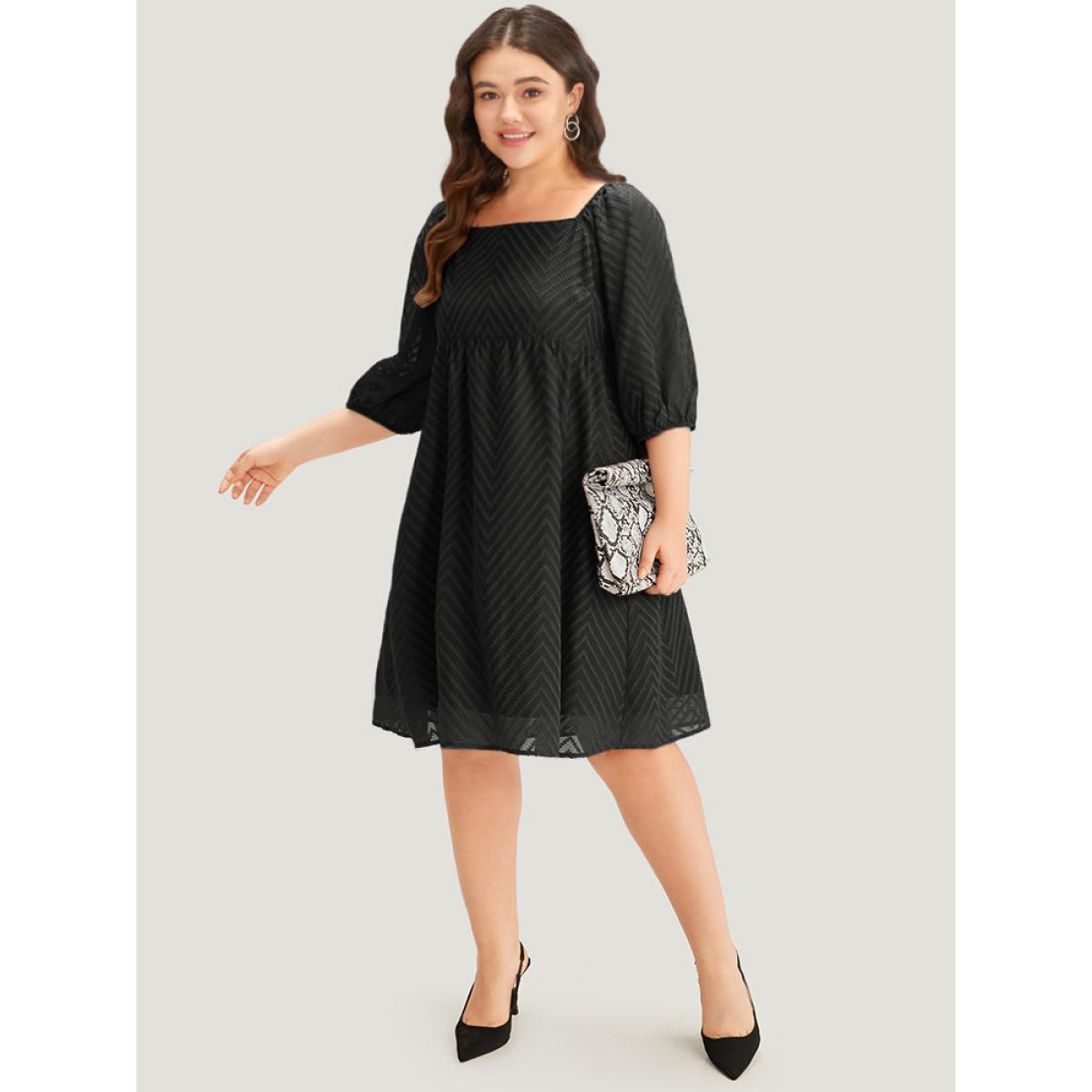 Plus Size Plisse Solid Square Neck Lantern Sleeve Dress Black Women Office Lined Square Neck Half Sleeve Curvy Midi Dress BloomChic 18-20/2X Product Image