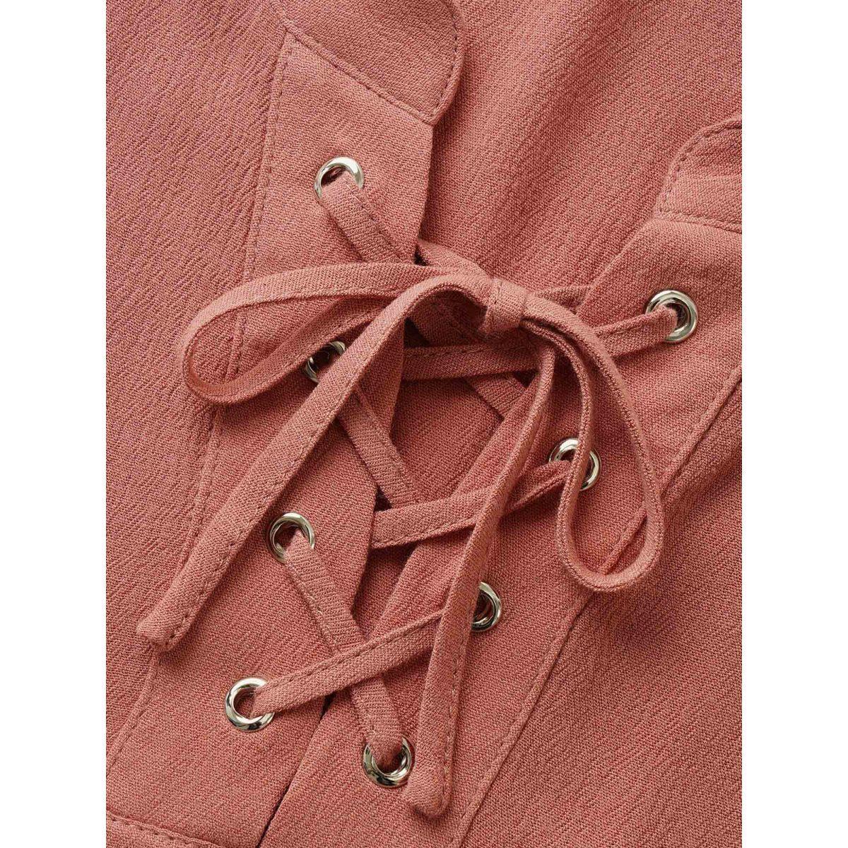 Plus Size Rouge Rayon Plain Lace Up Blouse Women Casual Short sleeve Round Neck Everyday Blouses BloomChic 26/4X Product Image
